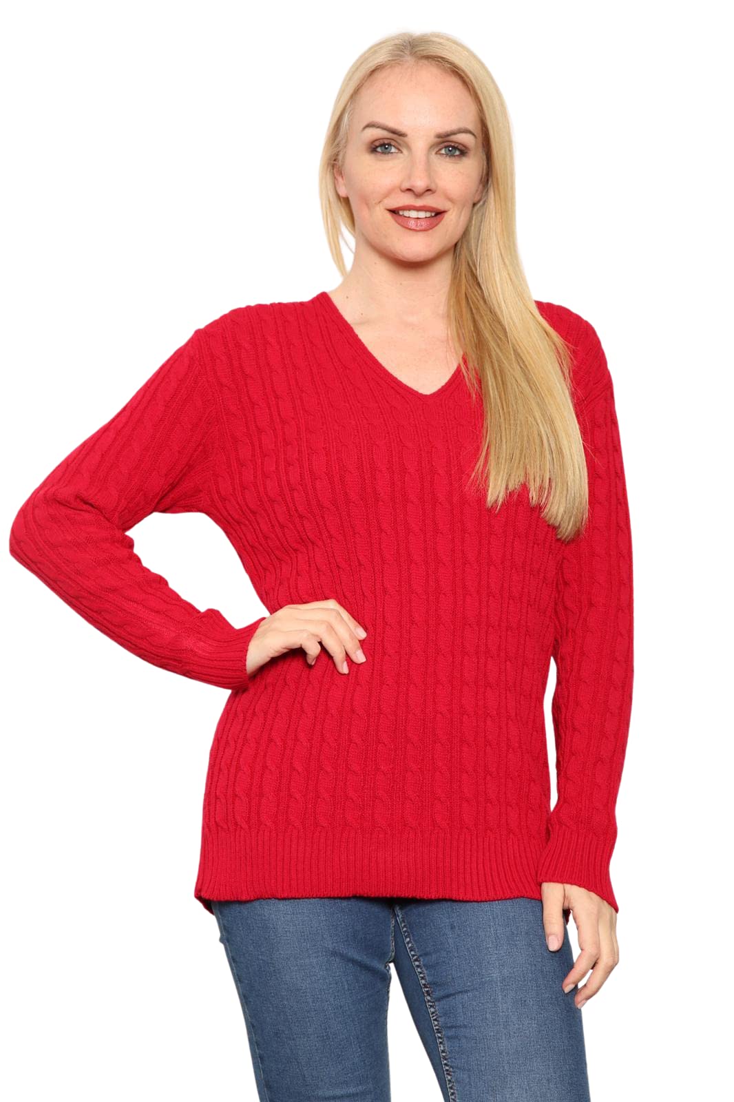 WearAll Women's Plus Cable Knitted Long Sleeve V-Neck Sweater Top Ladies Stretch Jumper - Red - 20-22