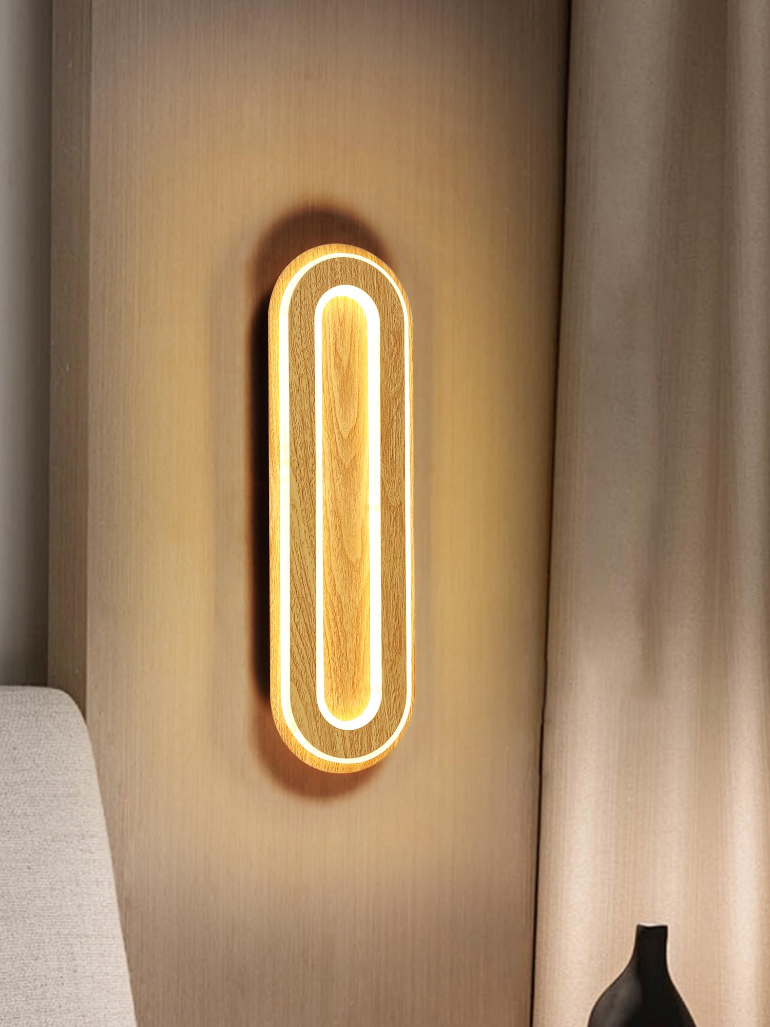 Dorlink Aplique Pared Interior LED, Grande Lámpara de Pared Moderna LED 25W, 3000K Apliques Pared Dormitorio Grano de Madera Oval, Lampara Pared para Sala de Estar, Pasillo, Escalera, 40CM