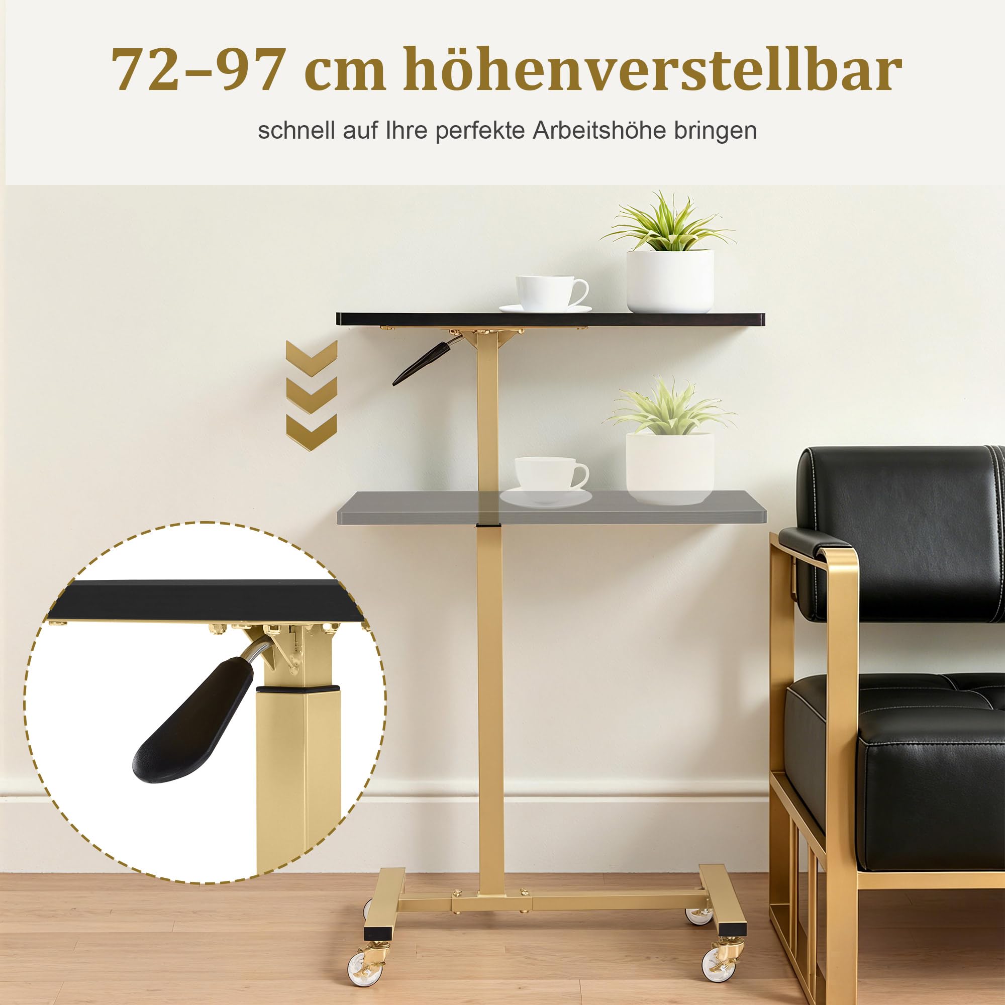 BarberPub Mesita Auxiliar con Ruedas, Mesa de cuidados Regulable en Altura, Carrito con Bandeja para salón de Belleza Dorado, mesita de Cama en Forma de C, 40 x 60 x 72/97 cm, 2832 (Negro y Dorado)