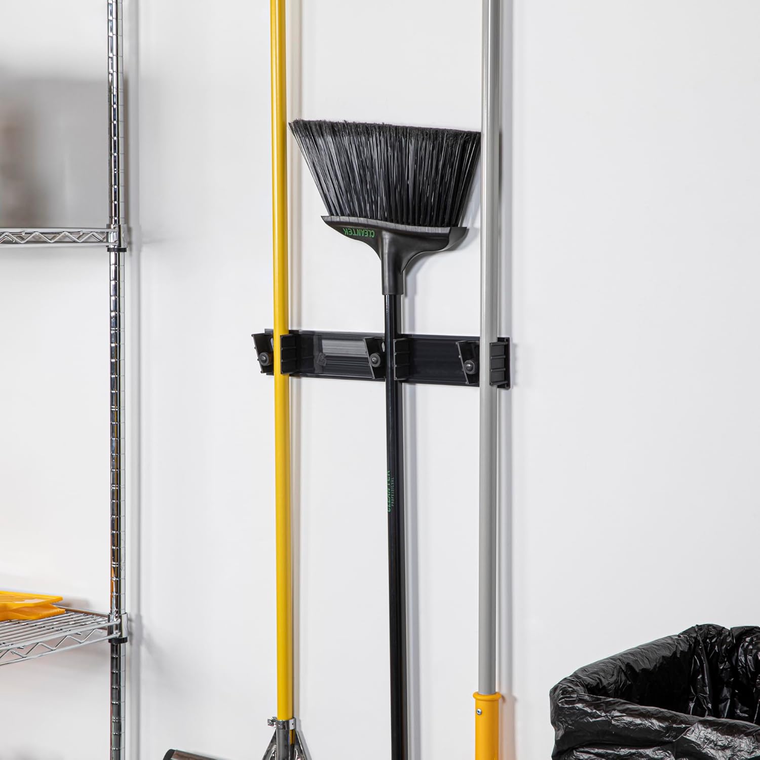 Restaurantware 17.7 Inch Snap-In Design Mop Holder, Black Plastic, 3 Customizable Slots, Screws Included