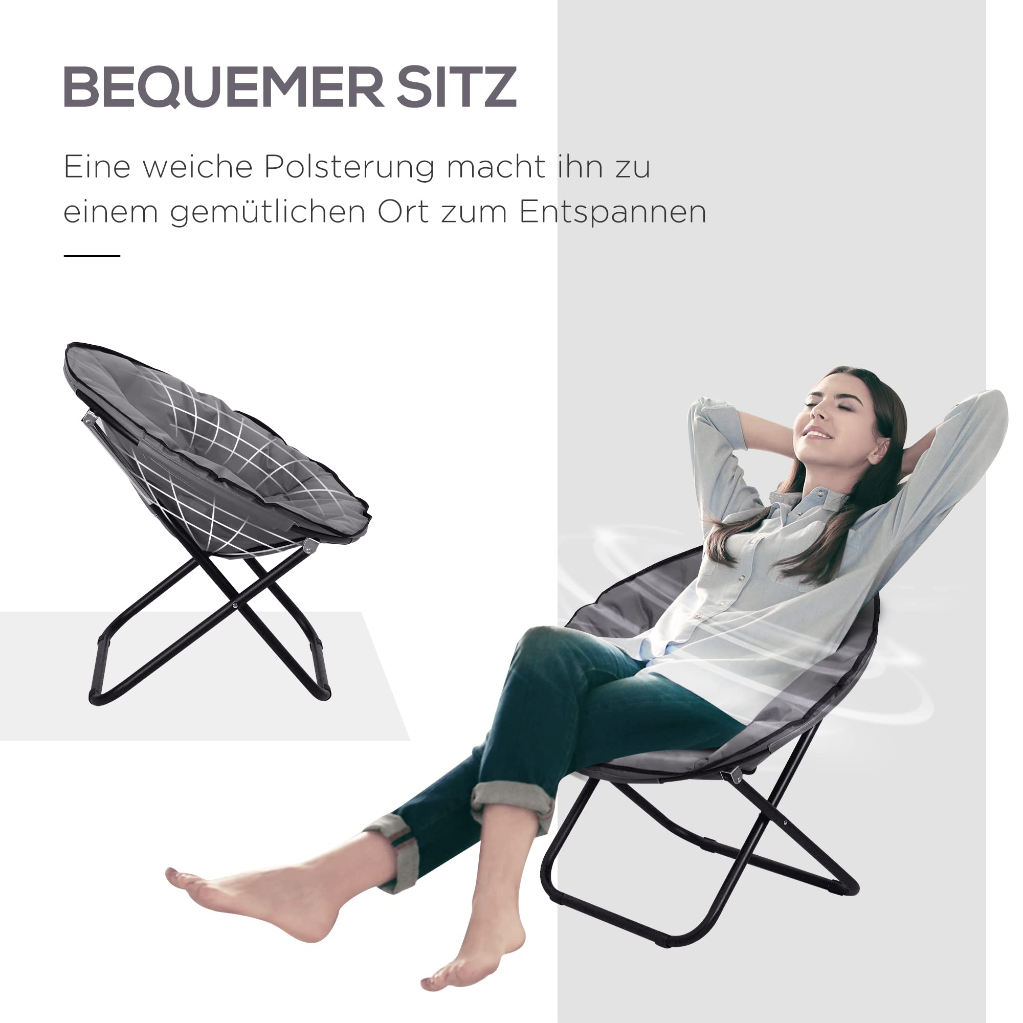 Outsunny Campingstuhl Faltbar Campingsessel mit Lehne, Klappstuhl bis 120kg, gepolstert Moonchair Extra Breit, Faltsessel Outdoor Stuhl für Garten, Balkon, Camping, Grau