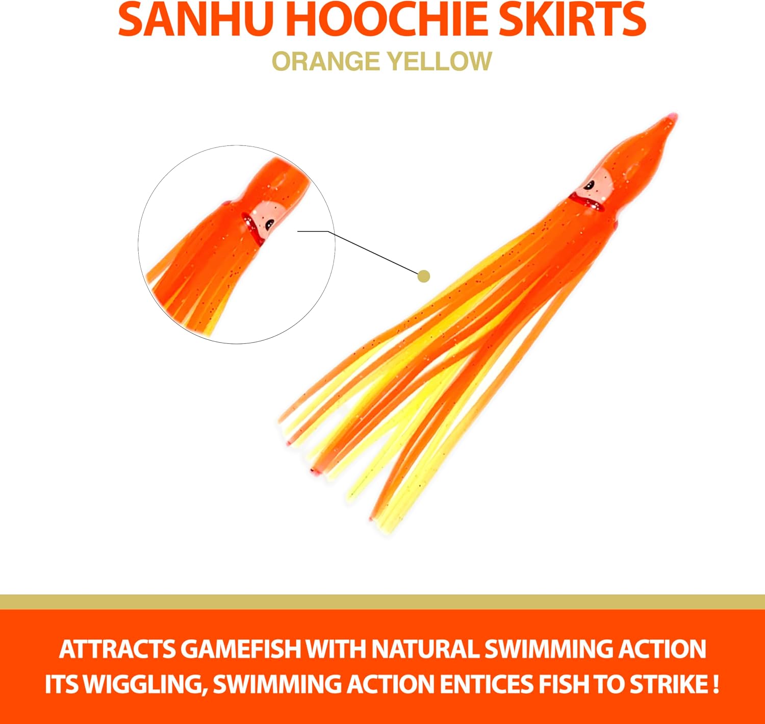 4.75" Hoochie Squid Skirts, 40 Pcs Orange/Yellow Color, for Saltwater & Freshwater Trolling, Includes Soft Plastic Bodies, Ideal for Tuna, Salmon, Mahi & Offshore Game Fishing