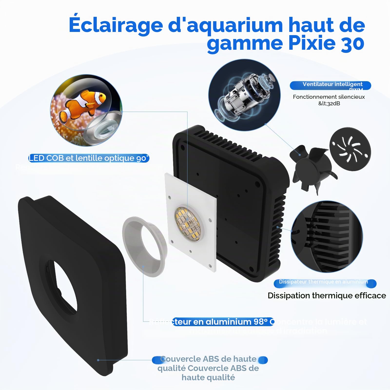 Lominie Éclairage LED pour aquarium, télécommande RF, intensité variable, support inclus, pour poissons d'eau de mer et récifs coralliens, spectre complet (Pxie30 Marine)