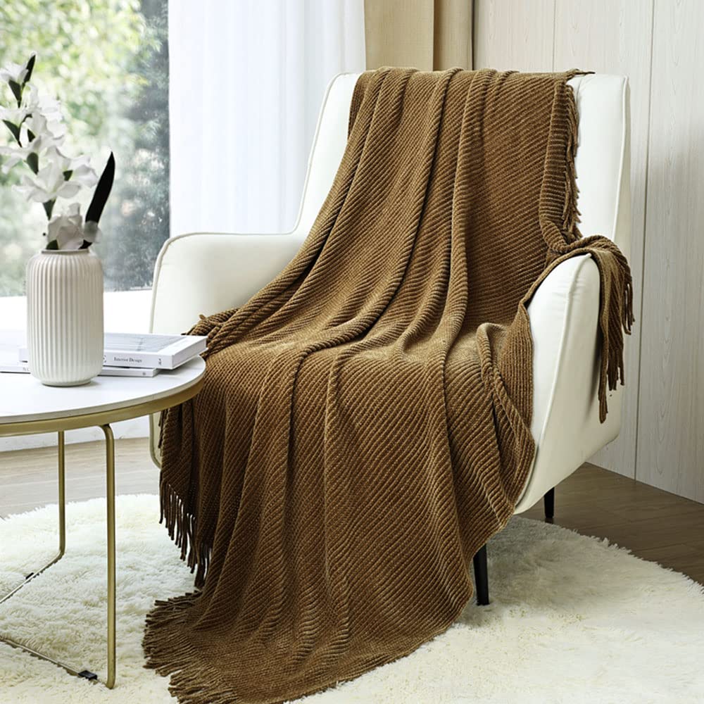 CREVENT Boho Chenille Throw Blanket for Couch Sofa Chair Bed Home Decoration, Super Soft Warm Cozy Knit Blanket for All Season (50''X60'' Coffee/Prairie Sand)OEKO-TEX STANDARD 100