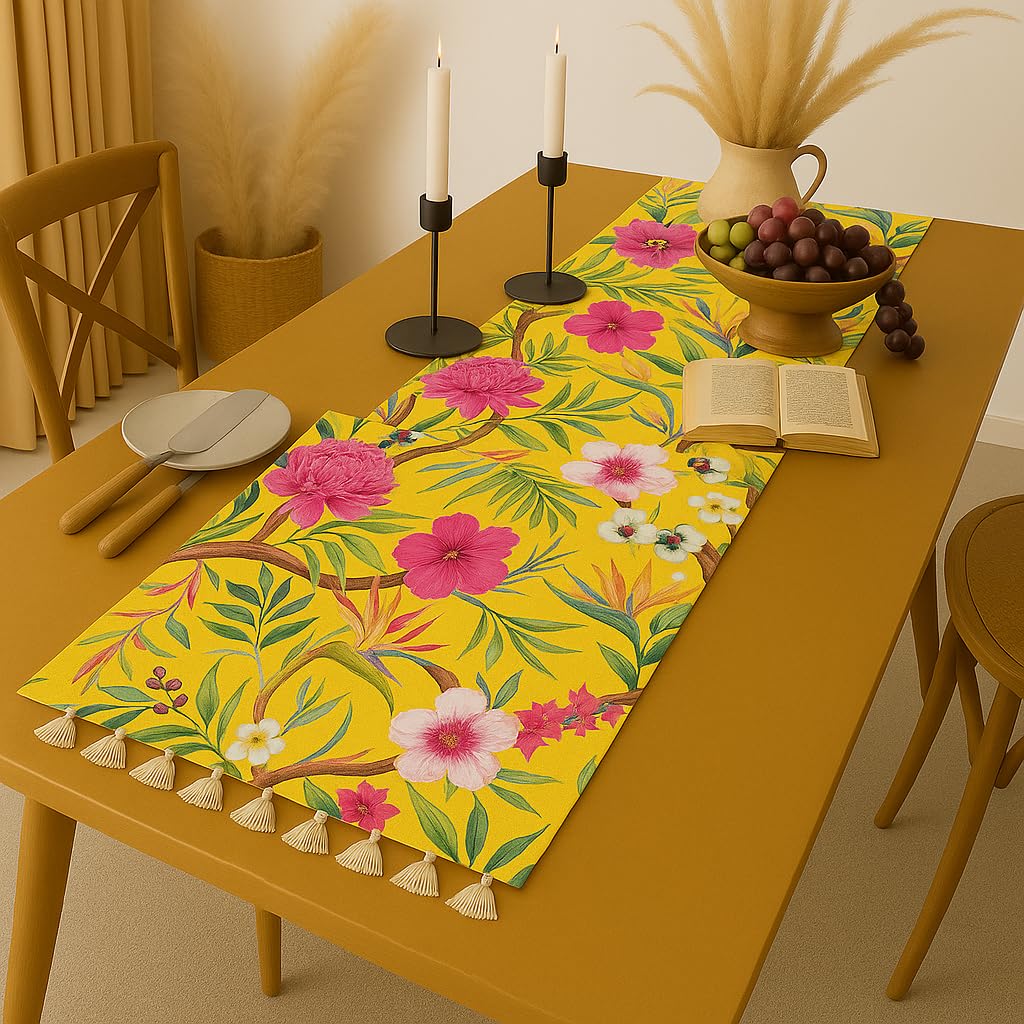 WWW.THROWPILLOW.IN Yellow Floral Tassel Boho Table Runner 13x72 Inches|Fits 5 Feet TV Unit Cabinet,Center Table,Coffee Table,Dining Table,Dresser,Entry Console,Credenza |Diwali Festive Decor
