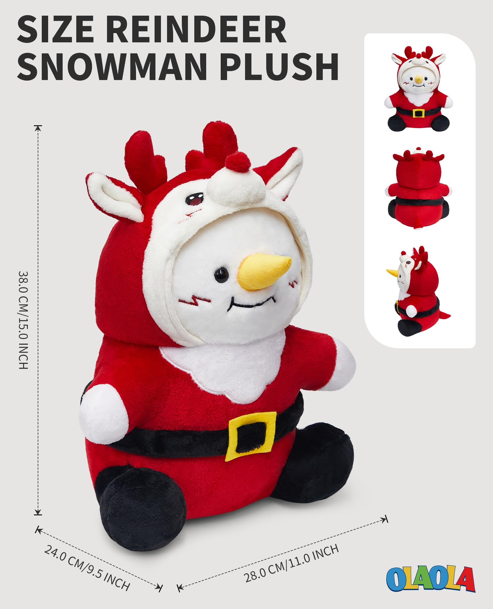 OLAOLA Snowman Stuffed Animal 38cm Plush Toy Pillow with Reindeer Costume Cute Soft Snowman Plushies Gift for Kids Adults - Image 4