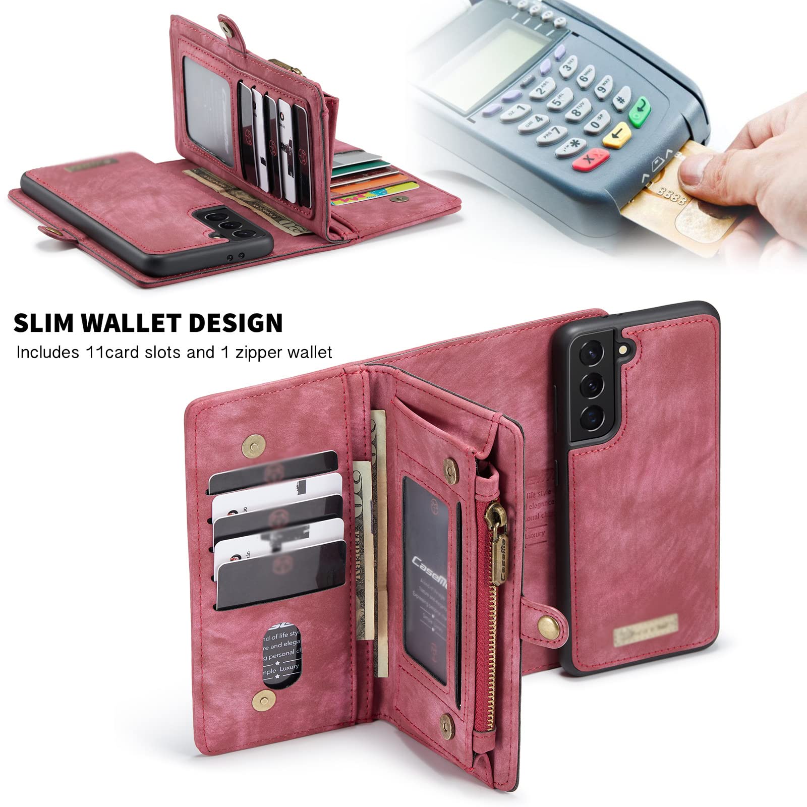Etui do Samsung Galaxy S22/S22 Plus/S22 Ultra, etui ze skóry PU magnetyczne z klapką, zdejmowany pasek magnetyczny, zamek błyskawiczny, etui na karty, etui na telefon, czerwony, S22 6,1 cala
