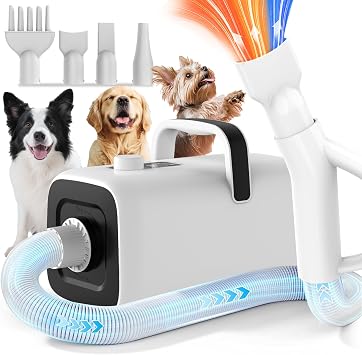 Dog Dryer, High Velocity Blow Dryer for Dogs, Dog Blower Grooming Dryer with 4 Nozzles, Low Noise Force Pet Hair Dryer, Adjustable Speed & Temp, Cool-Warm-Hot Cycle Mode, Extendable Hose, PGD100