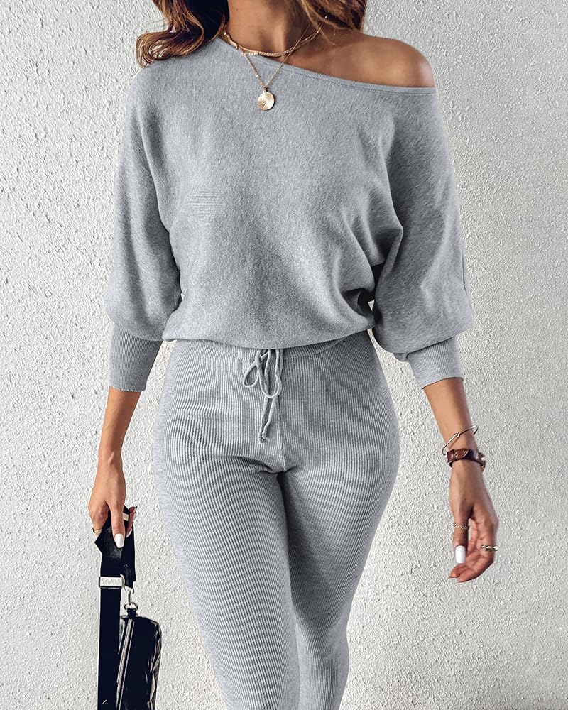 CHICME 2 Piece Lounge Outfit Long Sleeve Knit Pullover Tops Drawstring Pants Set Tracksuit Sweatsuit - Image 4