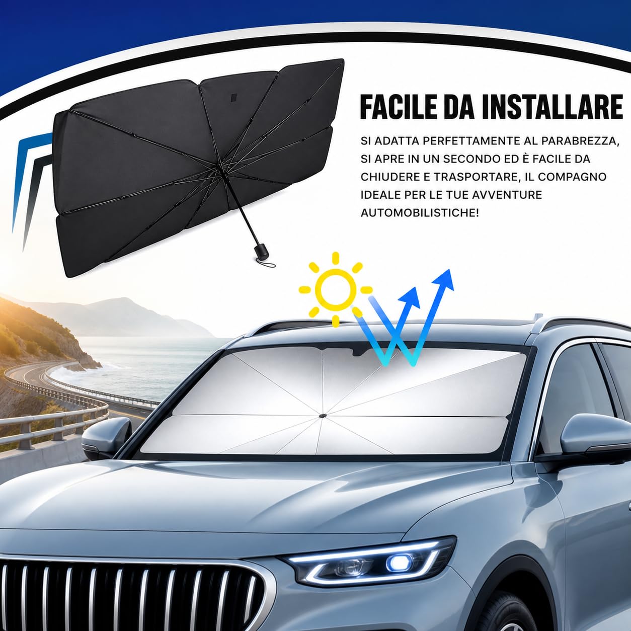 Parasole Auto -Ombrello Parasole Pieghevole per Parabrezza Interni Macchina,Schermo Anti-Uv per Automobile, Telo Proteggi Cruscotto Copriparabrezza dal Sole per auto medio/grandi (Senza Apertura)