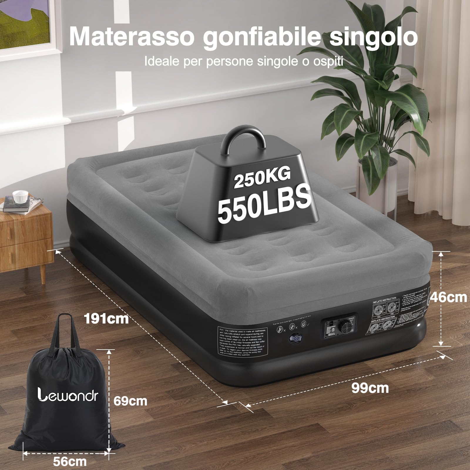 Lewondr Materasso Gonfiabile Singolo con Pompa Integrata, 191x99x46CM Materasso Gonfiabile Durevole Regolabile, Materasso ad Aria Veloce da 2 Minuti per Campeggio Casa Viaggio(250kg MAX), Grigio