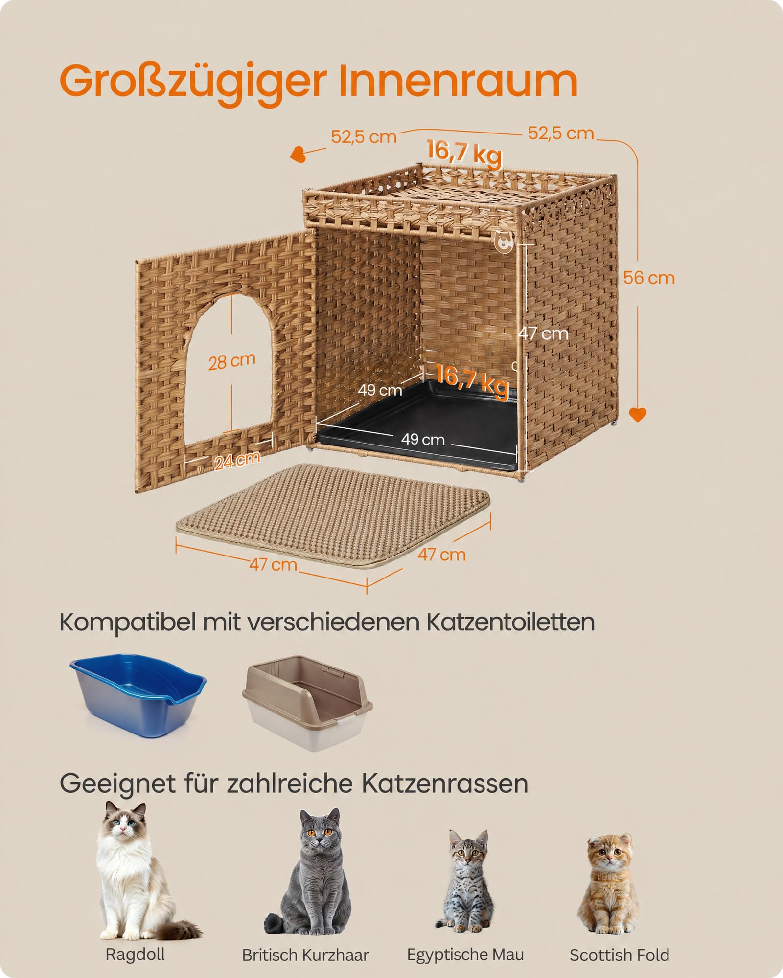 Feandrea Katzenschrank, Handgeflochtenes Katzenhaus, 52,5 x 52,5 x 56 cm | Beistelltisch mit Herausnehmbarem Tablett, in Rattan-Optik, Boho-Stil, Warmgelb, ELIOTT Kollektion PCL024YE01