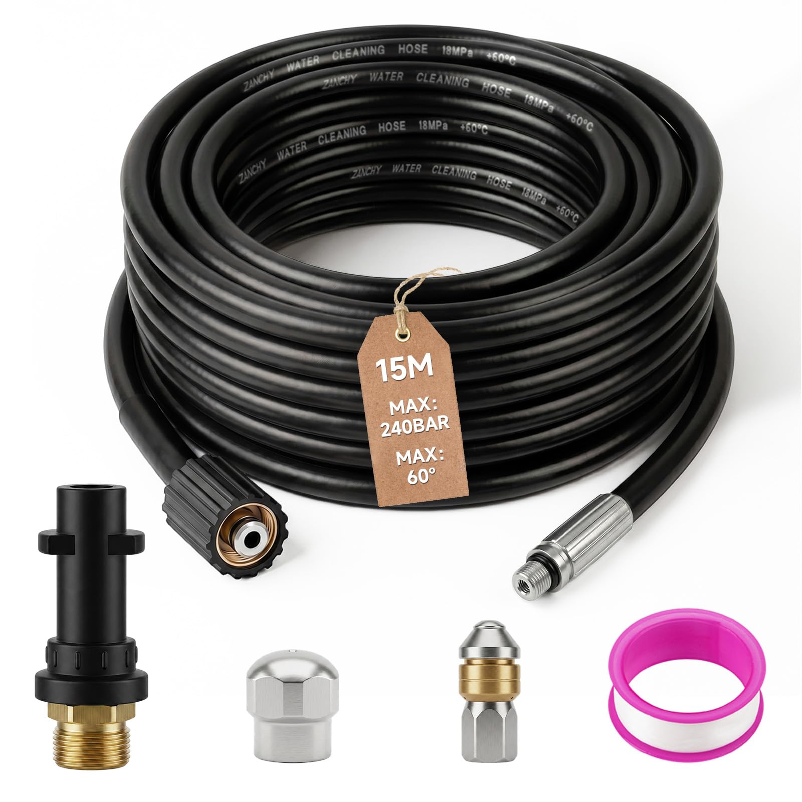 Rohrreinigungsschlauch set 15 Meter, M22 Adapter, Tasche mit Adapter, Düsen starr + rotierend, 240bar 60°C Rohrreinigungsset Geeignet für Kärcher K2, K3, K4, K5, K6, K7 Hochdruckreiniger