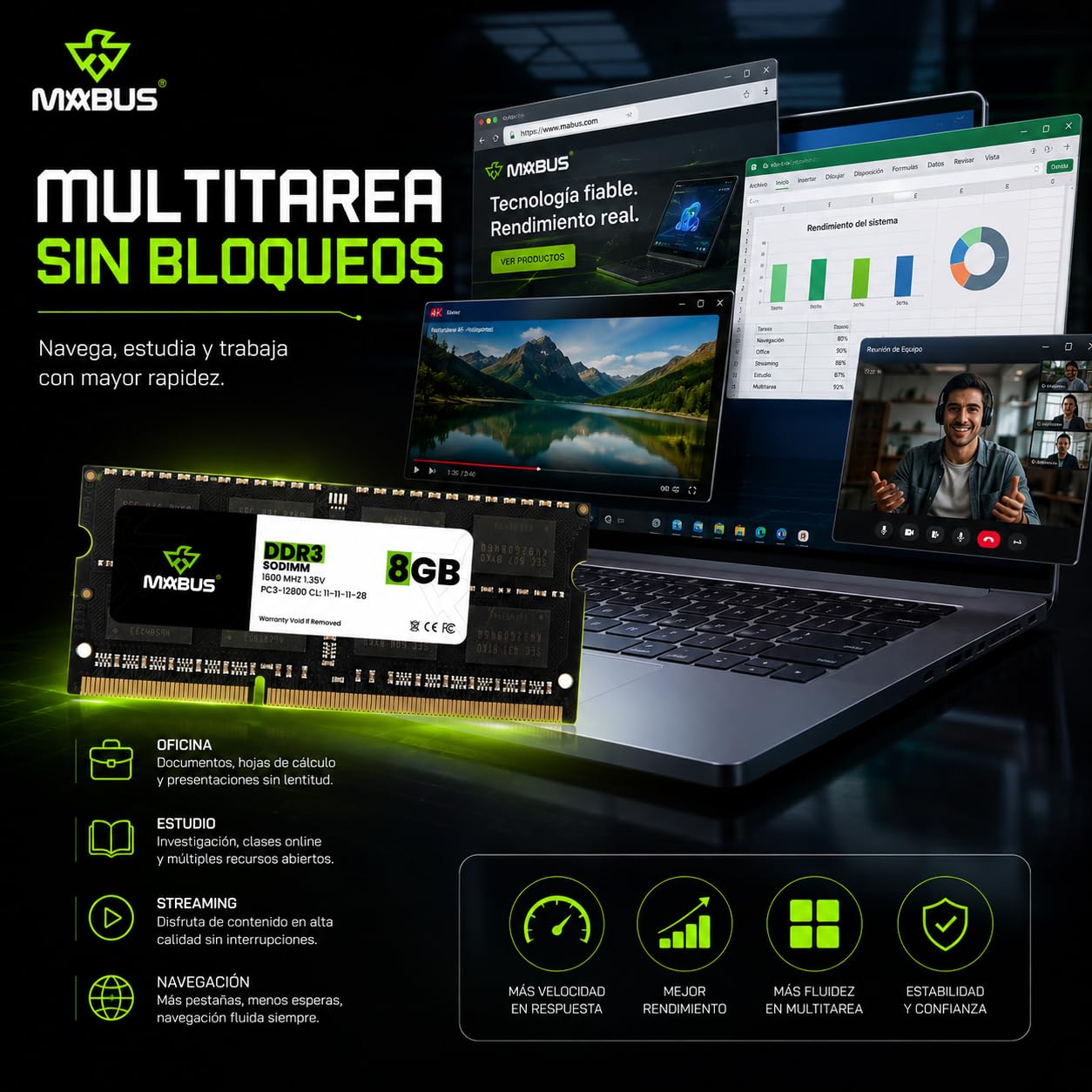 MABUS Memoria RAM 8GB DDR3L 1600MHz PC3L-12800 SODIMM para Laptop y Portátil - Módulo de 1.35V 204-Pin CL11: Mejora la Velocidad, Multitarea y Rendimiento del Sistema