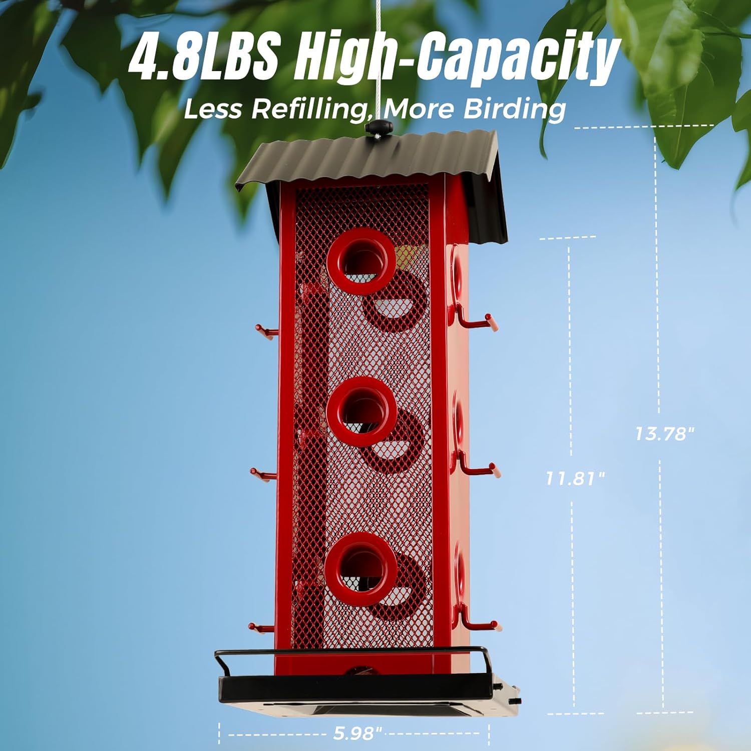 All Metal Bird Feeder for Outdoors Hanging | 14-Port Multi-Bird Viewing | Rust-Proof, Waterproof & Easy-Clean | Attracts Cardinals, Finches, Chickadees & More (Cardinal with Black Base)