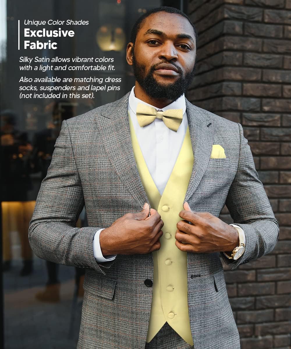 Solid Color Satin Suit Vest for Men Set of 4 - Vest, Tie, Bow Tie & Pocket Square (White Back)