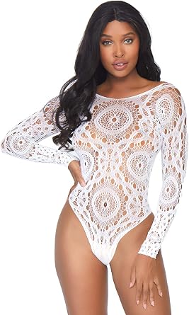 Leg Avenue Womens Crochet Lace Long Sleeve Thong Back Teddy