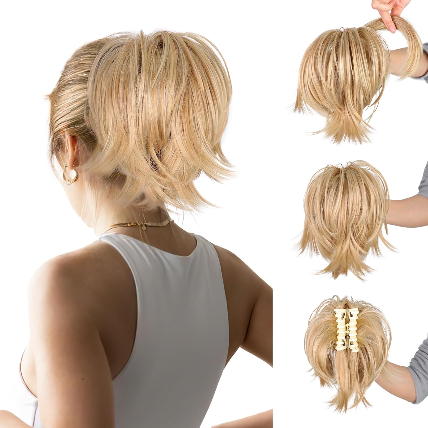 AISI BEAUTY Claw Clip Messy Bun Hair Piece Short Ponytail Extension with 3 Bendable Metals Wires Synthetic Fake Hair Bun Hair Pieces for Women DIY Full Easy Bun(Medium Blonde with Blonde Highlights)