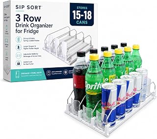 Upgraded Premium Drink Organizer for Fridge. Ultra Space Saving Soda Can Organizer for refrigerator with Larger Stopper Height and Automatic Pusher with Locking Feature. Holds 15 Cans (3 Rows, White)