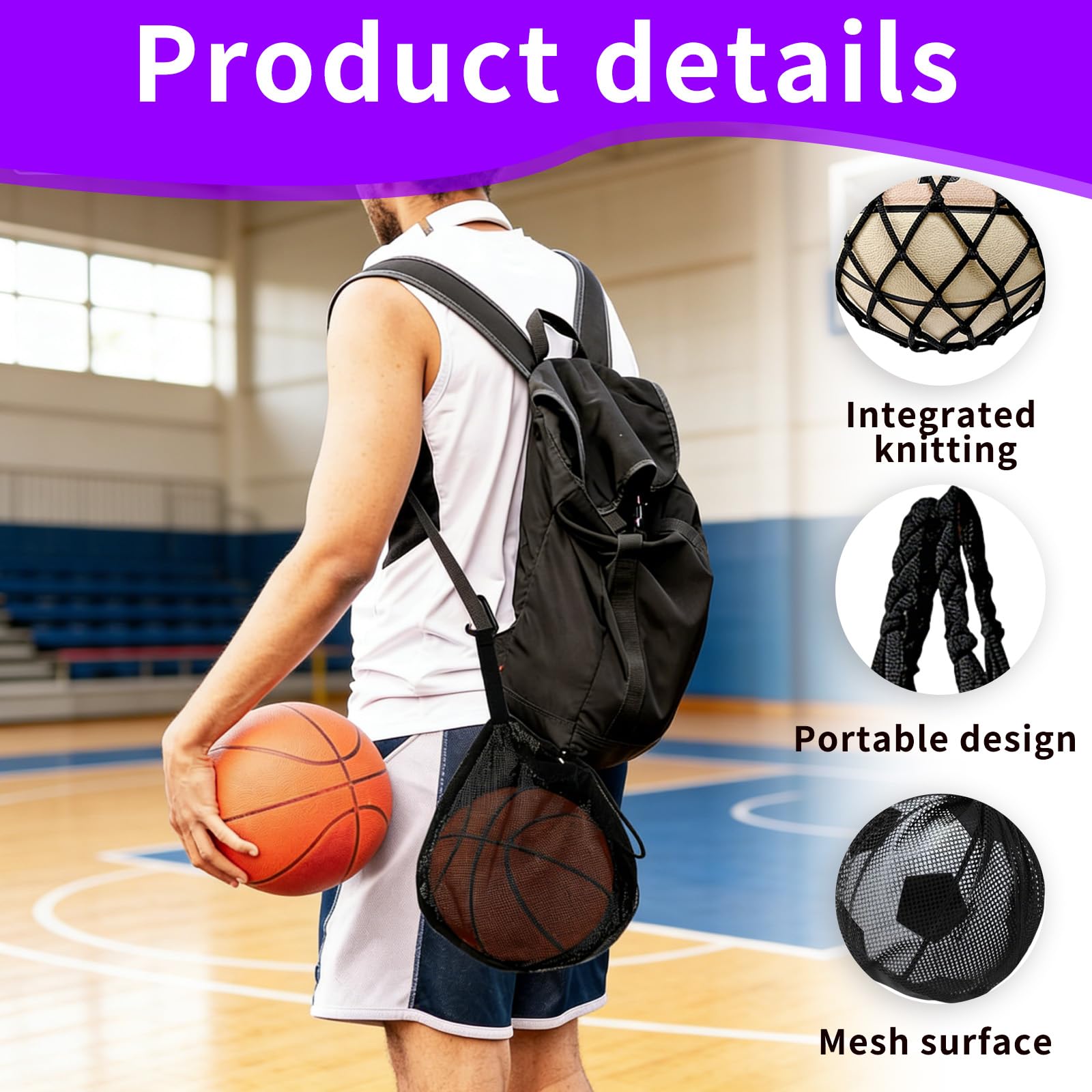 Bolsas de Red para Balones con Cordón y Gancho, Mochilas Portátiles para Baloncesto, Fútbol, Voleibol y Rugby, con Aguja de Inflado