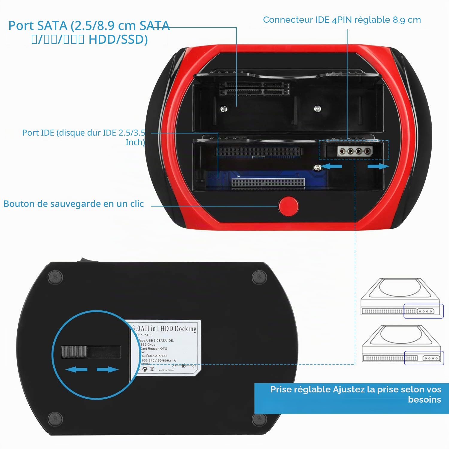 TCC-S862-DE USB 2.0 à SATA IDE Dual-Bay HDD Disque Dur Station d'accueil avec Lecteur de Cartes et Hub USB 2.0 pour 2.5 3.5 Pouce IDE SATA I / II / III HDD SSD