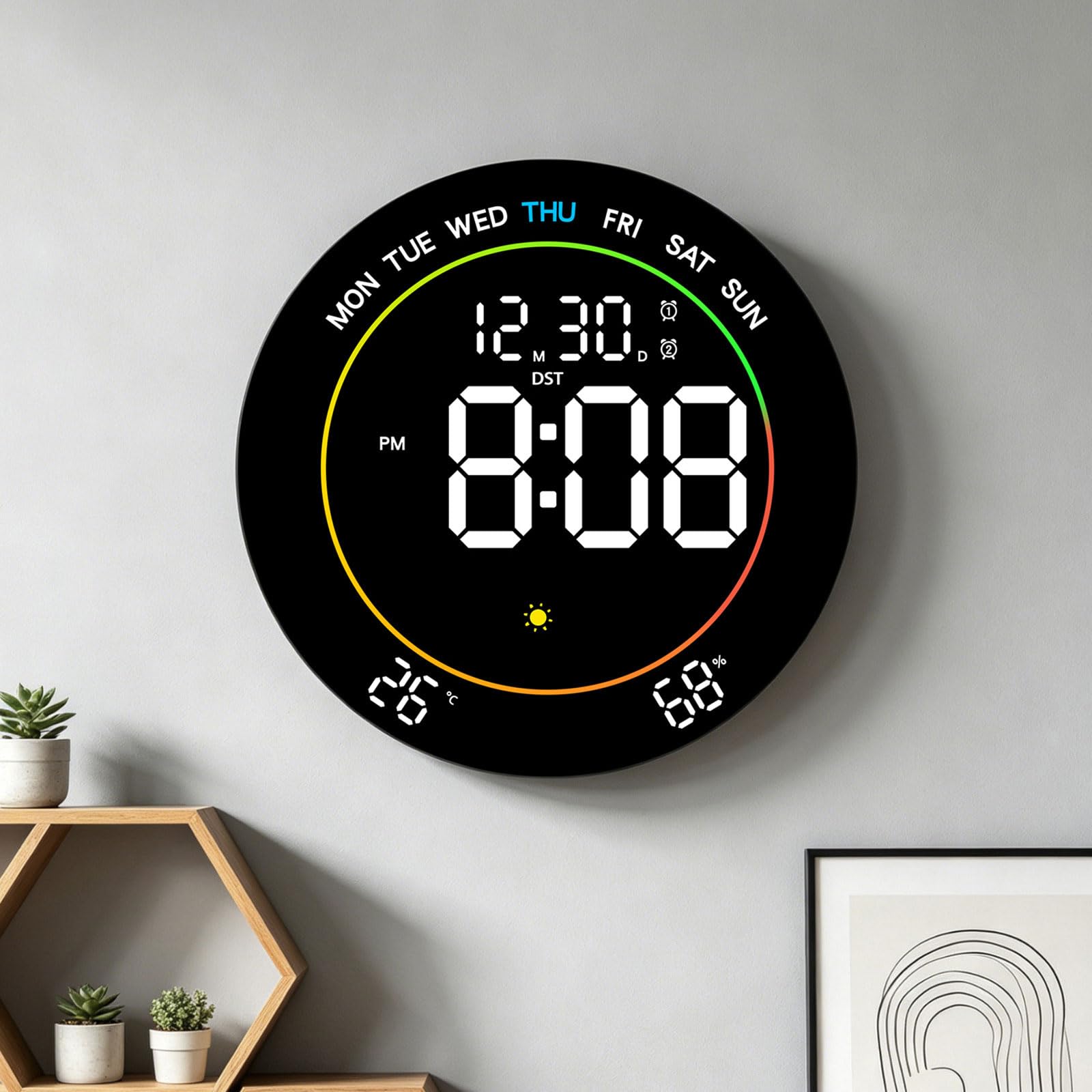 Grande orologio digitale da parete, luce bianca, luce bianca | Sveglia a LED con cifre grandi, data, temperatura, DST, decorazione moderna da parete per camera da letto