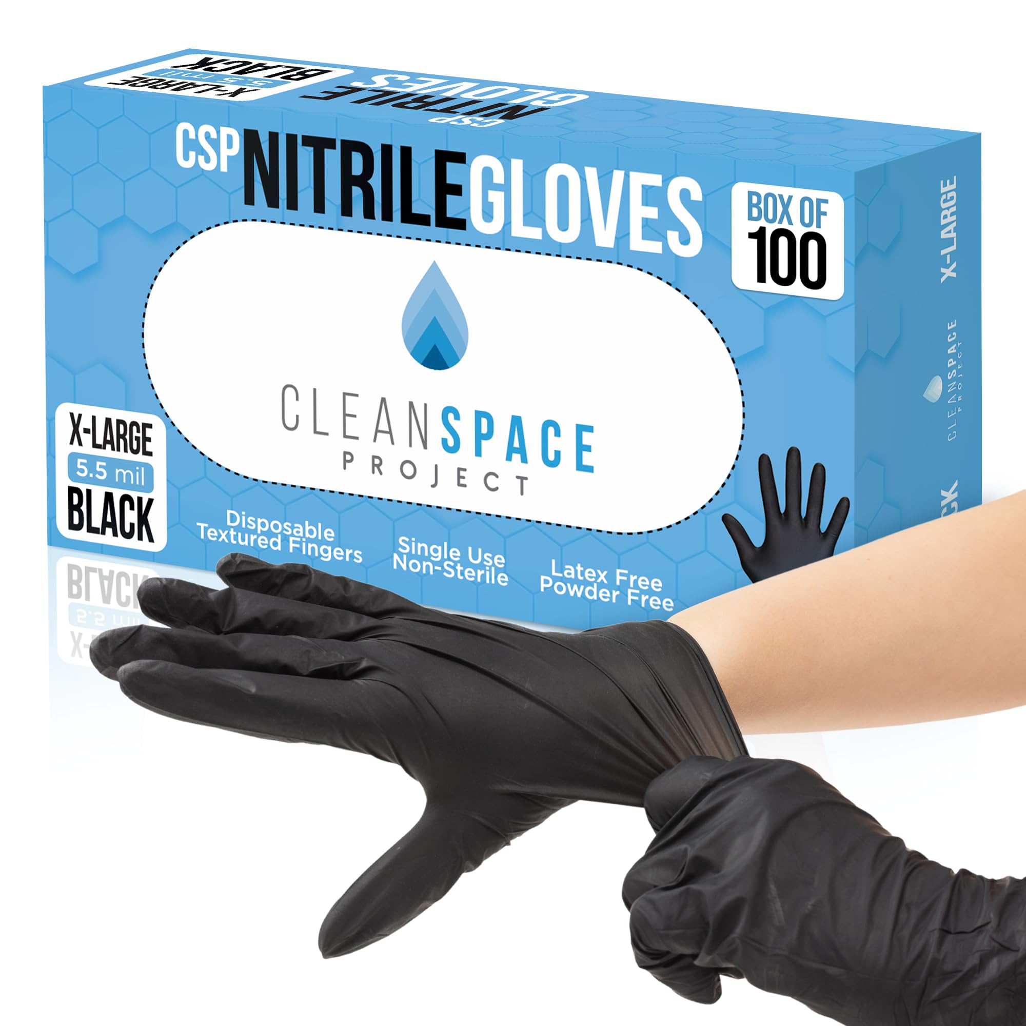 CLEAN SPACE PROJECT Guantes de nitrilo, desechables, sin látex y sin polvo, guantes de cocina seguros para alimentos, guantes negros para limpieza, tatuajes, pintura, detalles y reparación (XL, caja