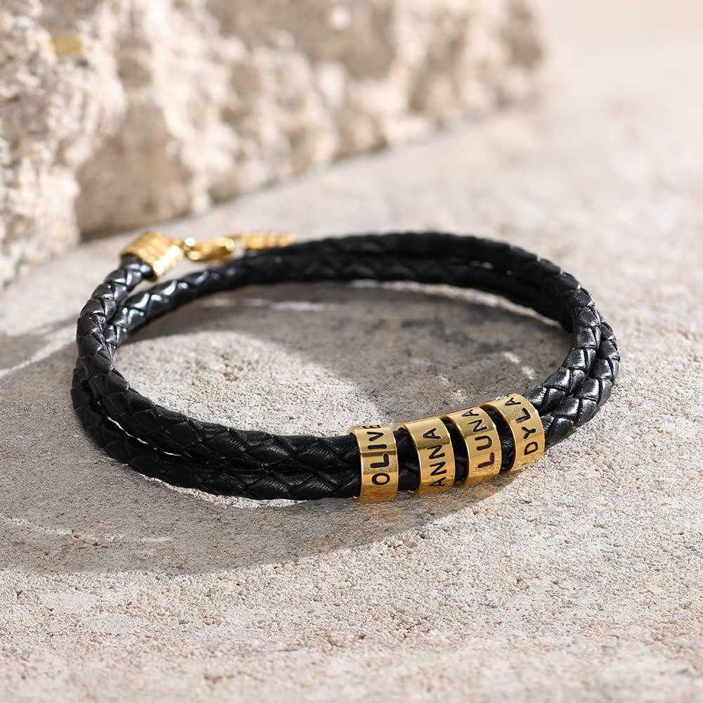 MyNameNecklace Personalized Braided Leather Bracelet with Silver or Gold Beads for Him, Men - Custom Gift for Father's Day - Genuine Leather - Engraved Sterling Silver or 14K Solid Gold Beads