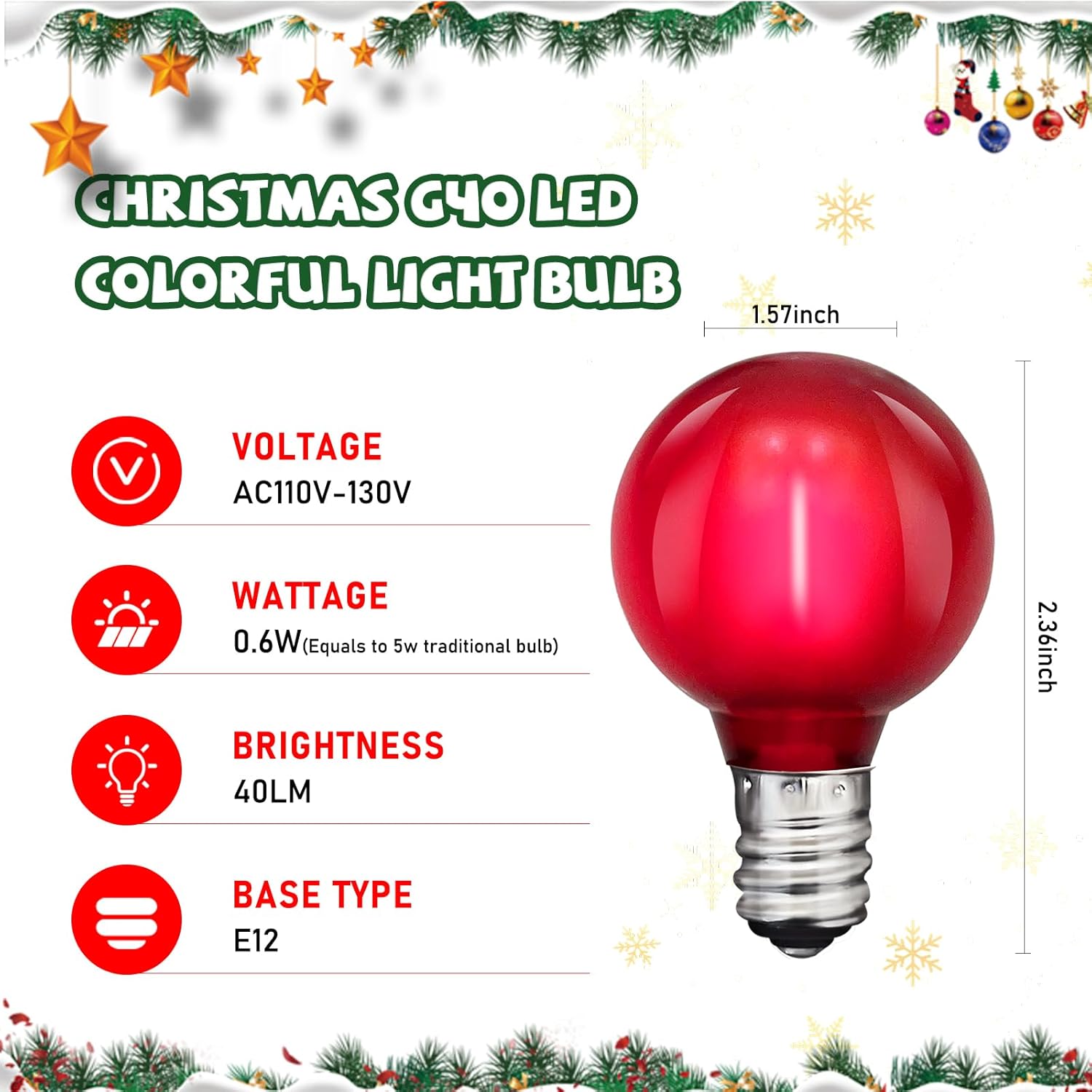 25 Pack G40 LED Christmas Replacement Light Bulbs, Shatterproof 0.6W Multicolor LED Globe Bulbs, Christmas String Lights for Outdoor Indoor Decor, E12 / C7 Screw Base Sockets- Frosted Multicolor