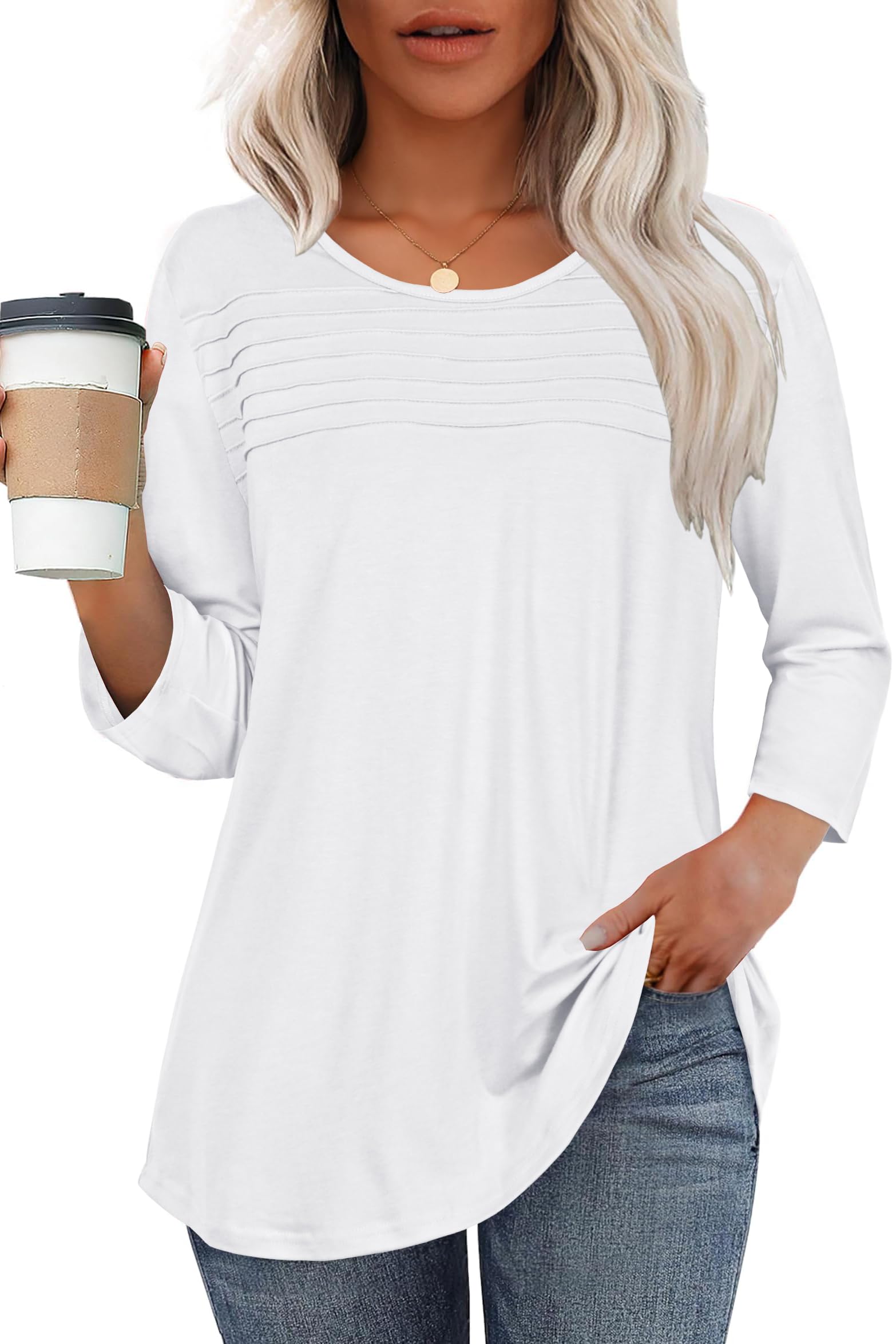 ADOREJOY Womens Tops 3/4 Length Sleeve Crew Neck Casual Blouses Dressy Outfits Pleated Front T Shirts Curved Hem Tunic Tee