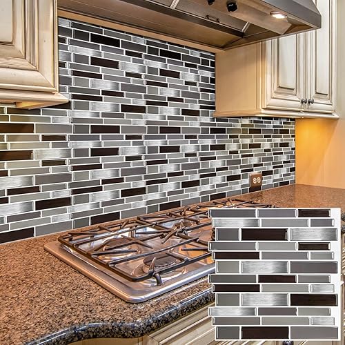 Miniatura 6 de Rvhouse Papel tapiz autoadhesivo 3D de 10 x 10 pulgadas, 10 hojas de azulejos autoadhesivos negros y grises, papel tapiz impermeable para decoración