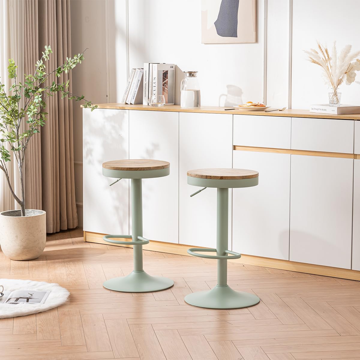 YOUNIKE Tabouret de Bar Lot de 2, Chaise de Bar à Manger en Bois Massif, Tabouret Haut Vintage, Tabouret Haut réglable pivotant, Facile à Assembler, Cuisine et Maison, Vert