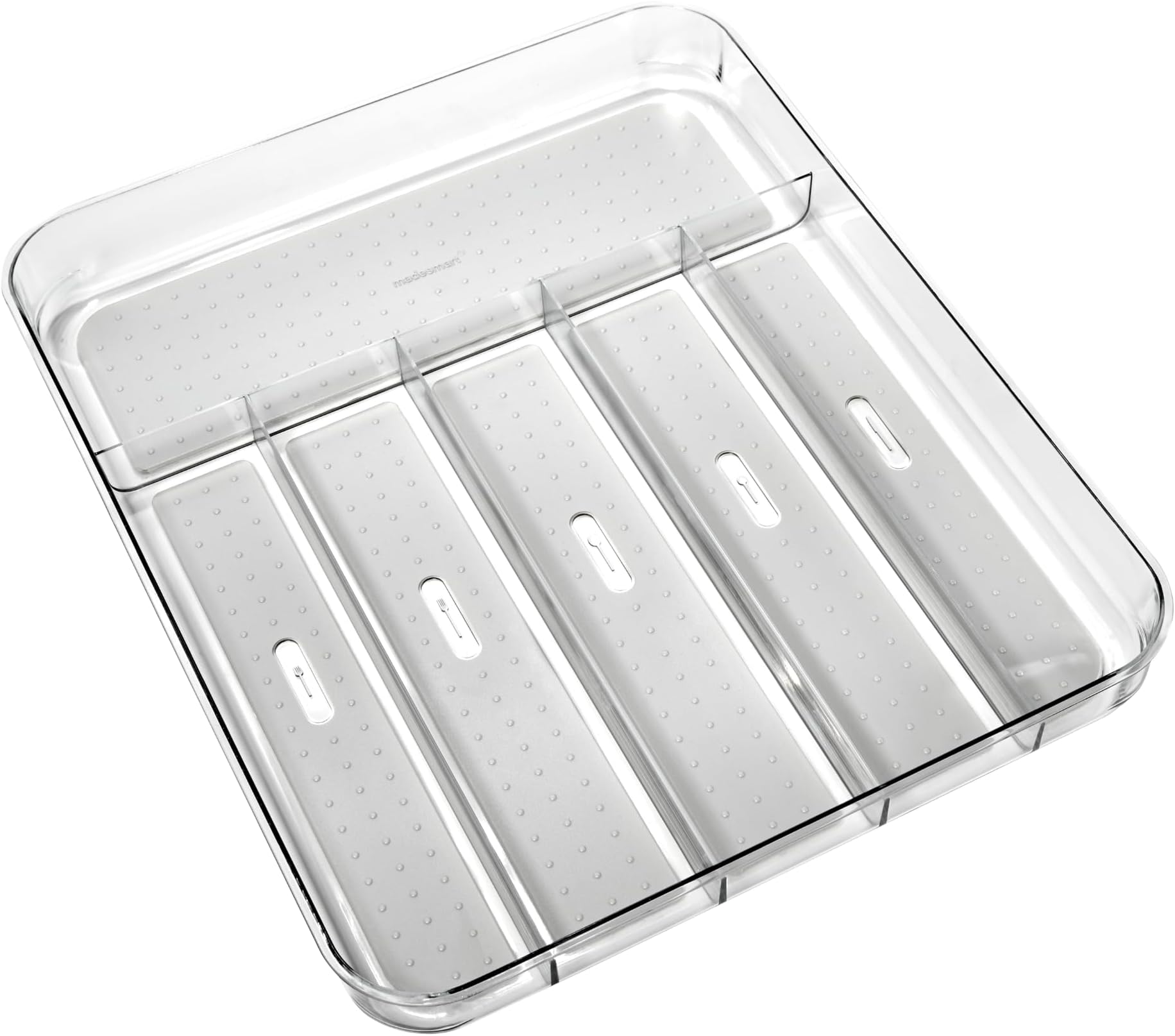 madesmart Premium Clear Silverware Tray, 6 Compartment Flatware Organizer for Forks, Knives & Spoons, Soft Grip Lining & Non Slip Base, Grey