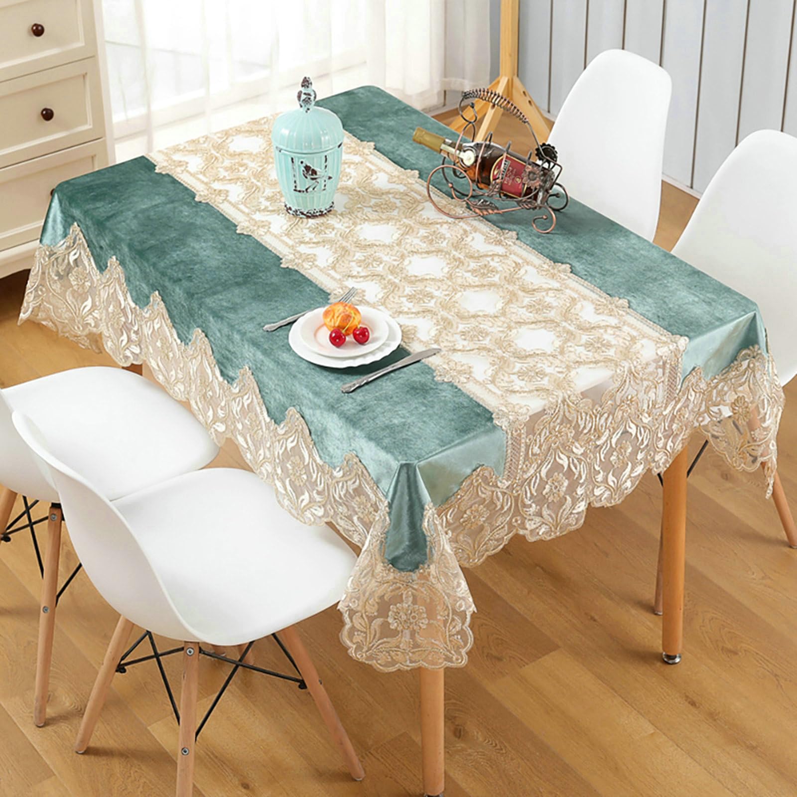 Tischdecke Abwaschbar 180x300 cm, Spitze Blume Stickerei - Samt