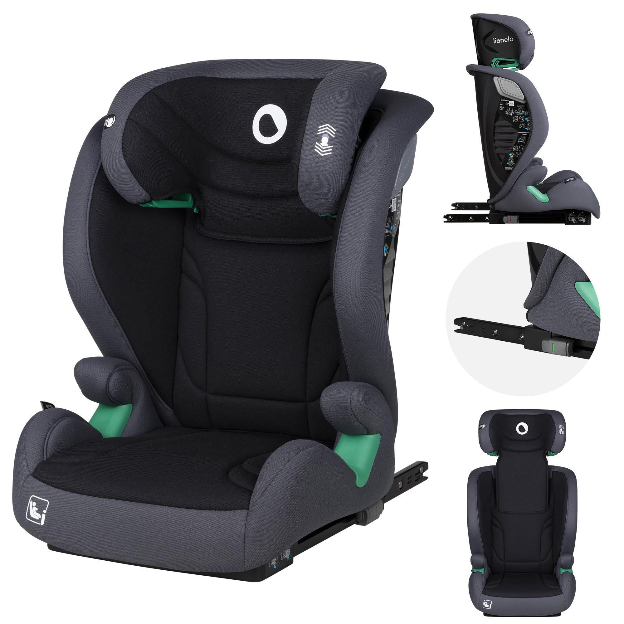 LIONELO IGO I-size Asiento infantil para coche, grupo 2 3, de 100-150 cm ISOFIX o fijación frontal sin correa, respaldo y reposacabezas ajustables con respaldo extraíble de espuma viscoelástic (Grey) | ISOFIX o Fijación Frontal sin Correa