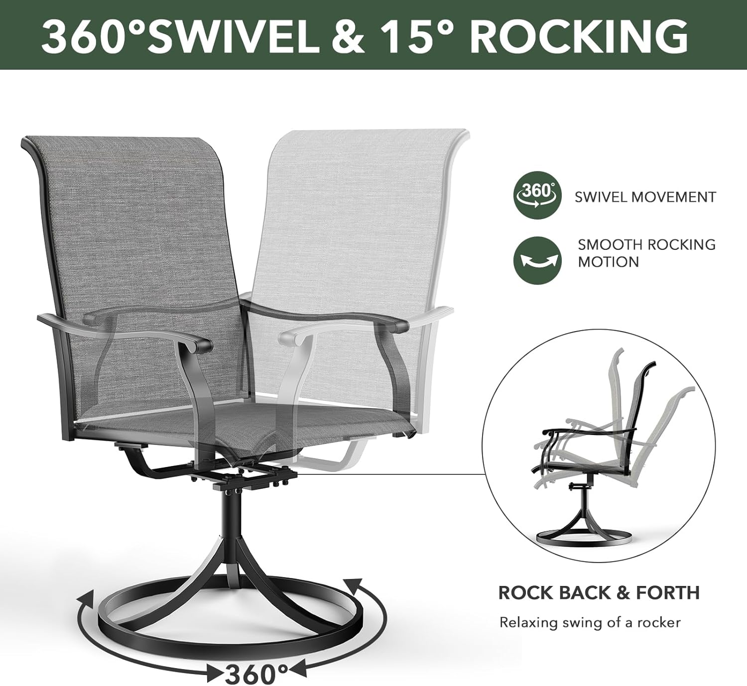 Anmutig 4 Person Grey Textilene Patio Swivel Rocker Chairs with 40 Glass Round Table Outdoor Furniture Set - Style1
