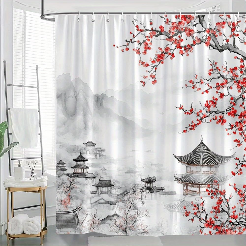 GLWDMB 1 Piece 180x200CM Chinese Landscape Cherry Blossom Tree and Traditional Pagoda Printed Shower Curtain With Hook, Polyester, for Windows And Walls, Bathtub, Bathroom, All Season Universal