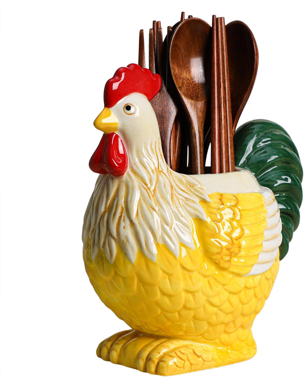 WAIT FLY Rooster Shaped Porcelain Kitchen Utensil Holder Flatware Storage Organizer Utensil Crock for Countertop Kitchen Counter Decor