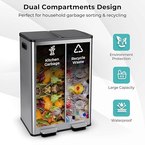 Miniatura 3 de Goplus Cubo de basura de acero inoxidable de 16 galones (2 x 30 L), cubo de basura para cocina con cubos interiores extraíbles duales, cierre suave