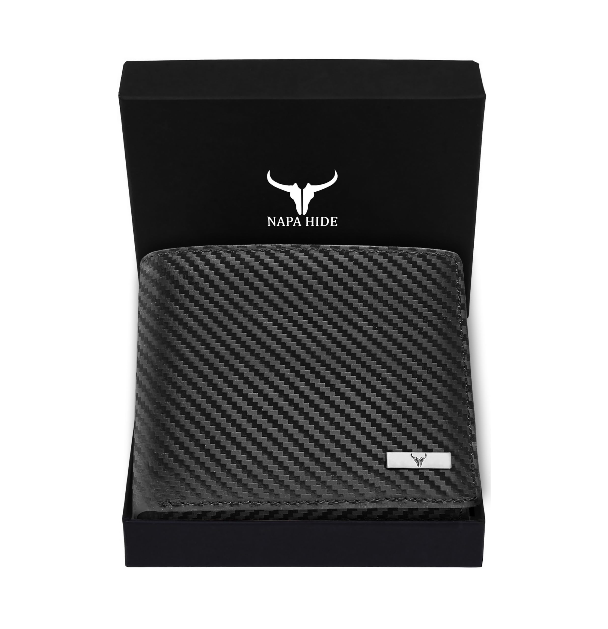NAPA HIDE Carbon Fiber Leather Bifold Wallets for Men I 1 ID Window, RFID Blocking Secure Designer Wallets for Men with Two Cash Compartments (Supernova Black)