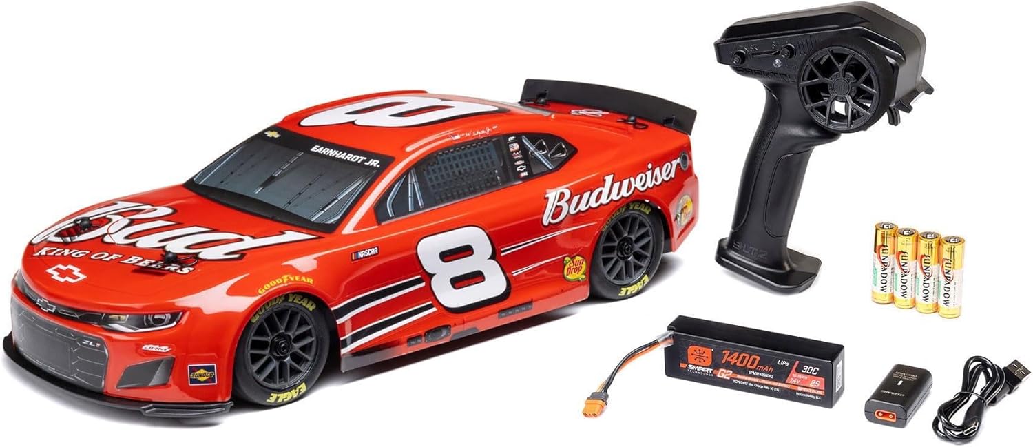 Losi 1/12 NASCAR RC Race Car Dale Earnhardt Jr. No. 8 Budweiser Chevrolet ZL1 2S AWD RTR Brushed On-Road Battery & Charger Included Red LOSF1122508