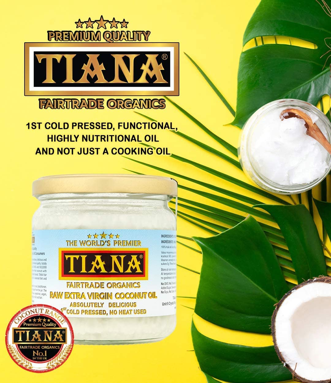 TIANA Fairtrade Organic Raw Extra Virgin olej kokosowy, uznany za nr 1 dla skóry, włosów i gotowania, 350 ml