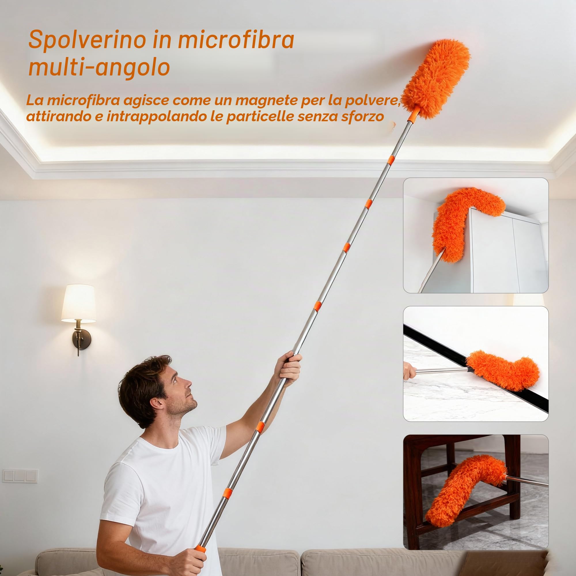 Spolverino Telescopico da 6 m, Strumento di Pulizia con Manico Estensibile (da 1,5 a 4,9 m), Panni per Spolverare Flessibili Riutilizzabili, Adatto per Interni ed Esterni