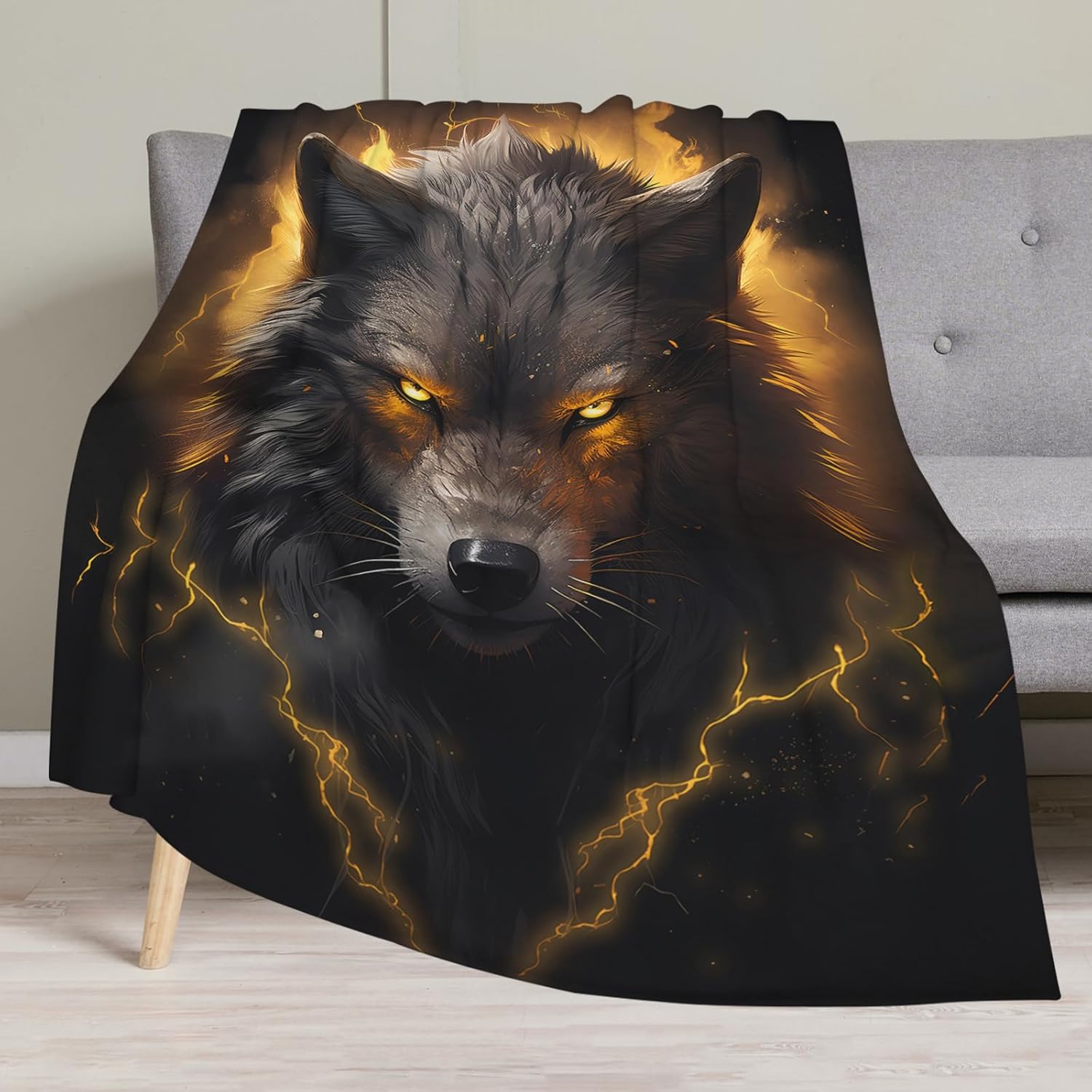 Huke Wolf Gifts Blanket, Black Gold Fire Lightning Wolf Throw Blankets,Wolf Gifts for Men Women Kids, Unique Wolf Gifts for Wolf Lovers, Wolf Gifts for Boys Girls, Cool Wolf Decor,50"X40" - Image 2