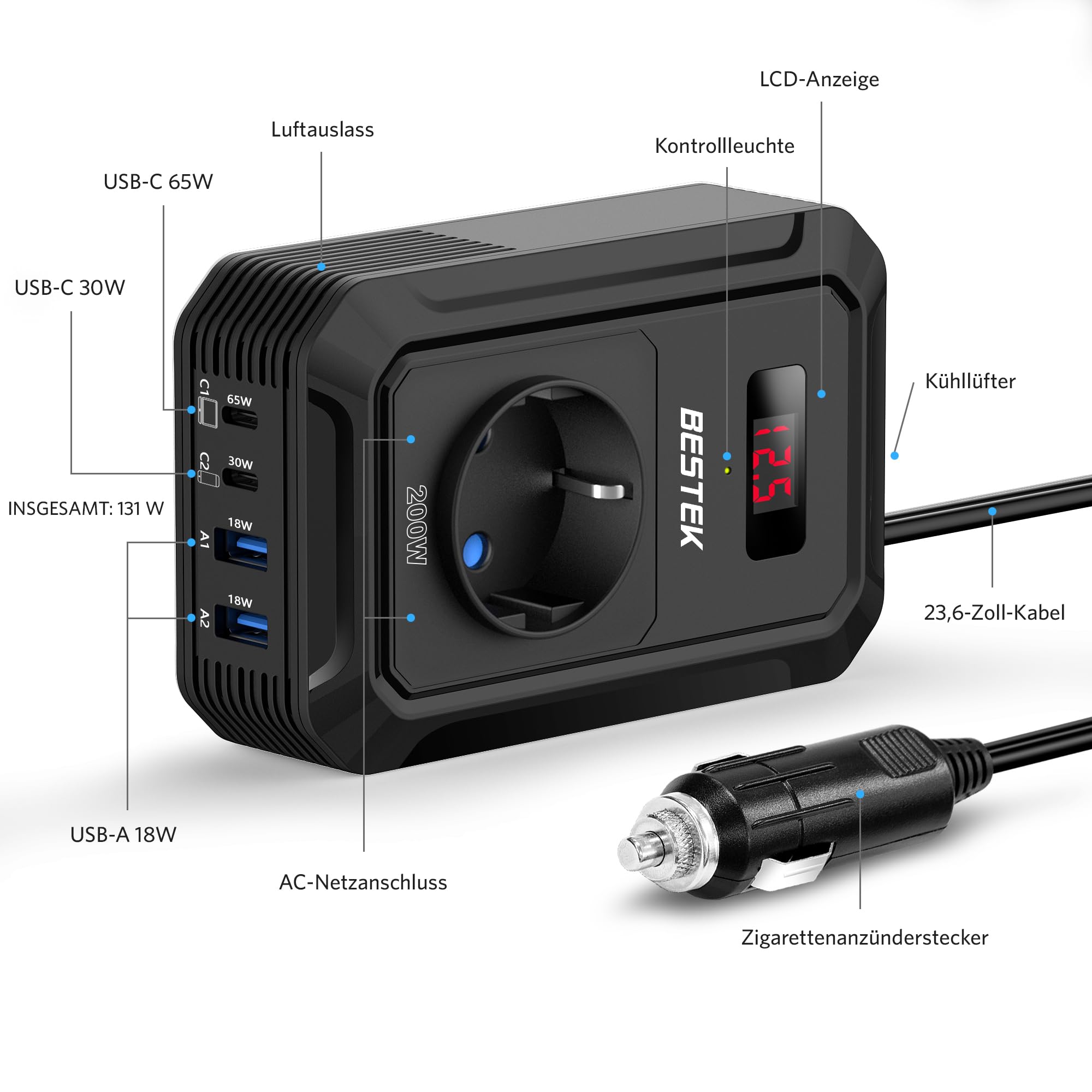 BESTEK 200W Spannungswandler 12 V 230 V 240 V,Wechselrichter 12v auf 230v mit 2 USB QC18-W und 2 USB-C (65 W und 30 W)&1 AC Anschlüssen Zigarettenanzünderstecker,von Laptops,iPhones,und mehr,Schwar