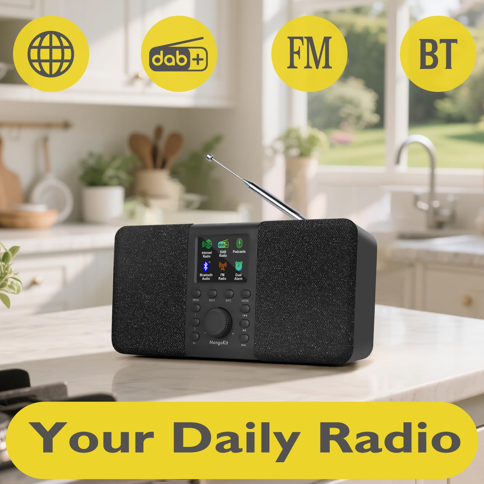 SR20 Radio Internet Stéréo avec Radio Numérique Dab/Dab+,WiFi avec Lecteur de Podcasts,Intelligente avec Bluetooth,FM,de Cuisine Secteur et Batterie,écran Couleur,Alarmes Doubles-Noir