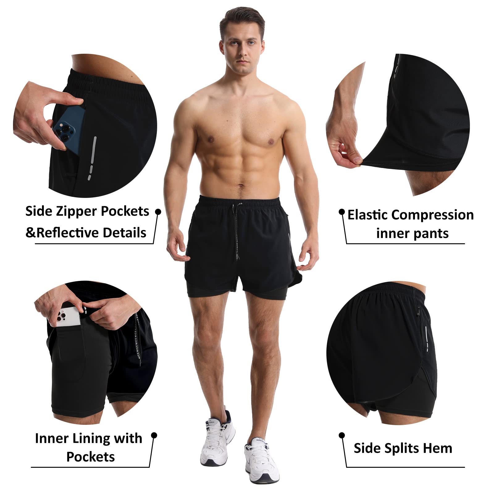 OEBLD Herren-Lauf-Shorts, 7,6 cm, Workout, Fitnessstudio, 2-in-1-Hose, athletische Kompressionsstrumpfhose