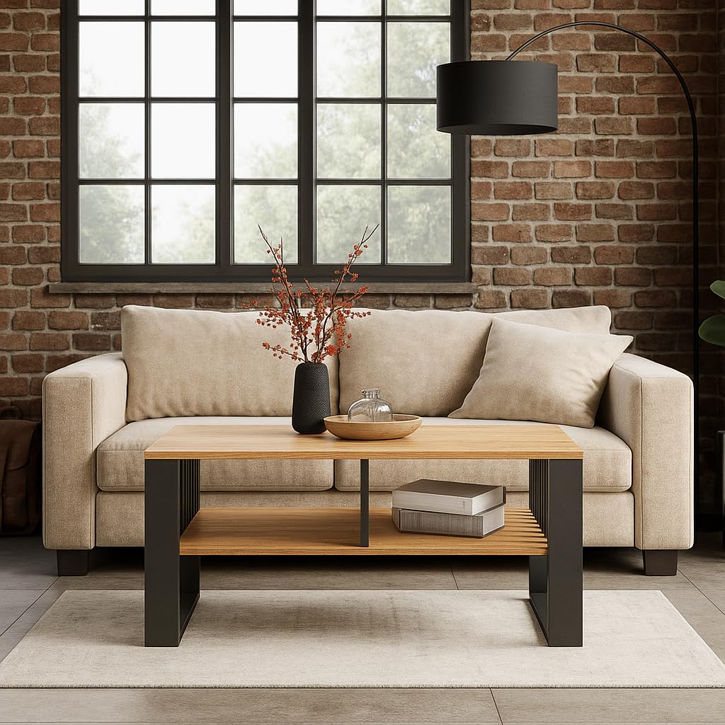 Meble Pitus - Mesa de Centro Moderna, con Espacio de Almacenamiento, 90 x 50 x 50 cm - Decoración Hogar - con Doble Estante Abierto - Muebles con Elementos laminares - Roble Eterno
