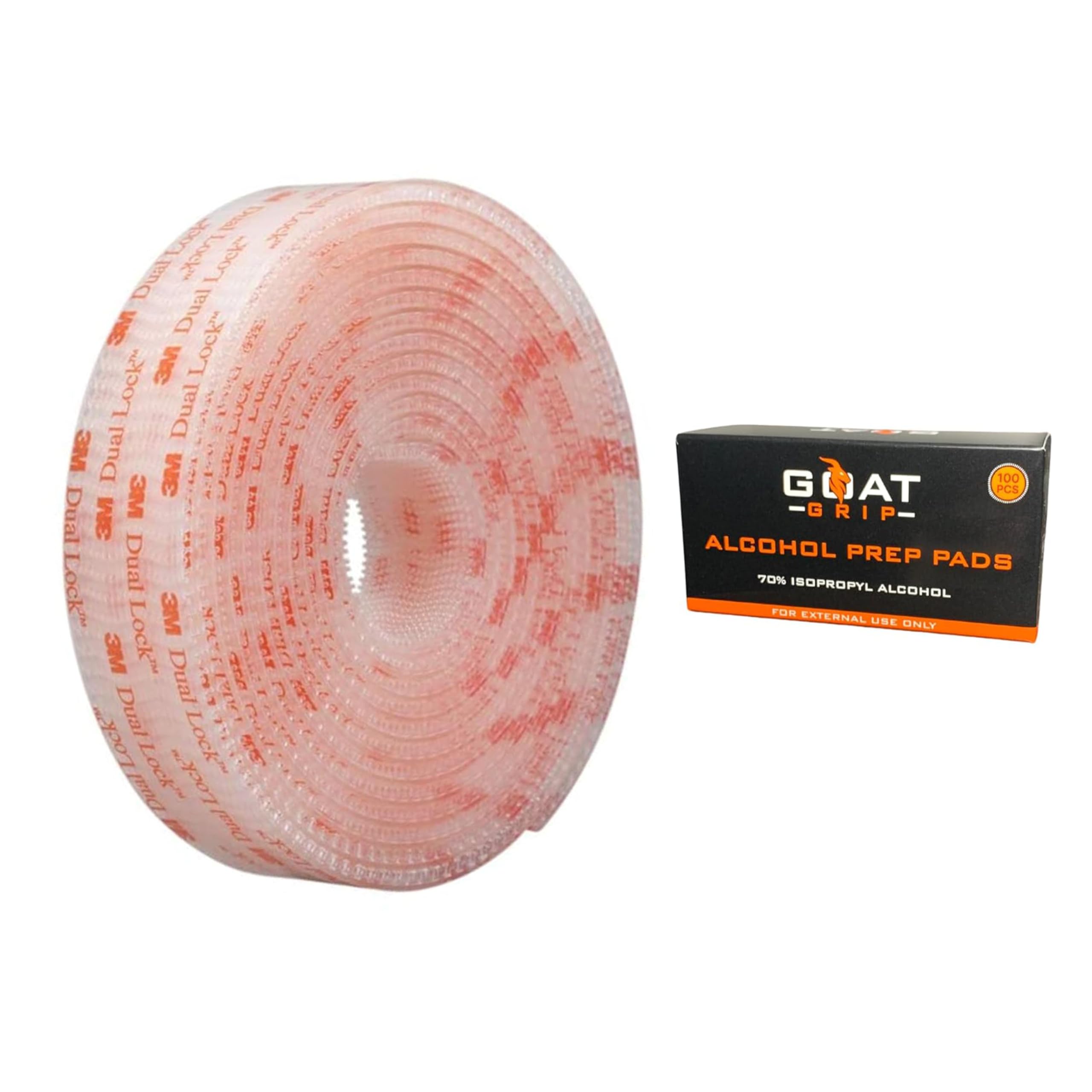 GOAT GRIP Alcohol Prep Pads & SJ3560 Dual Lock Tape Roll | 100 Individually Wrapped Alcohol Wipes & 10ft x 1/2 in Re-closable Adhesive Mounting Tape | Perfect for Mounting Strips & EZ Pass Adhesion
