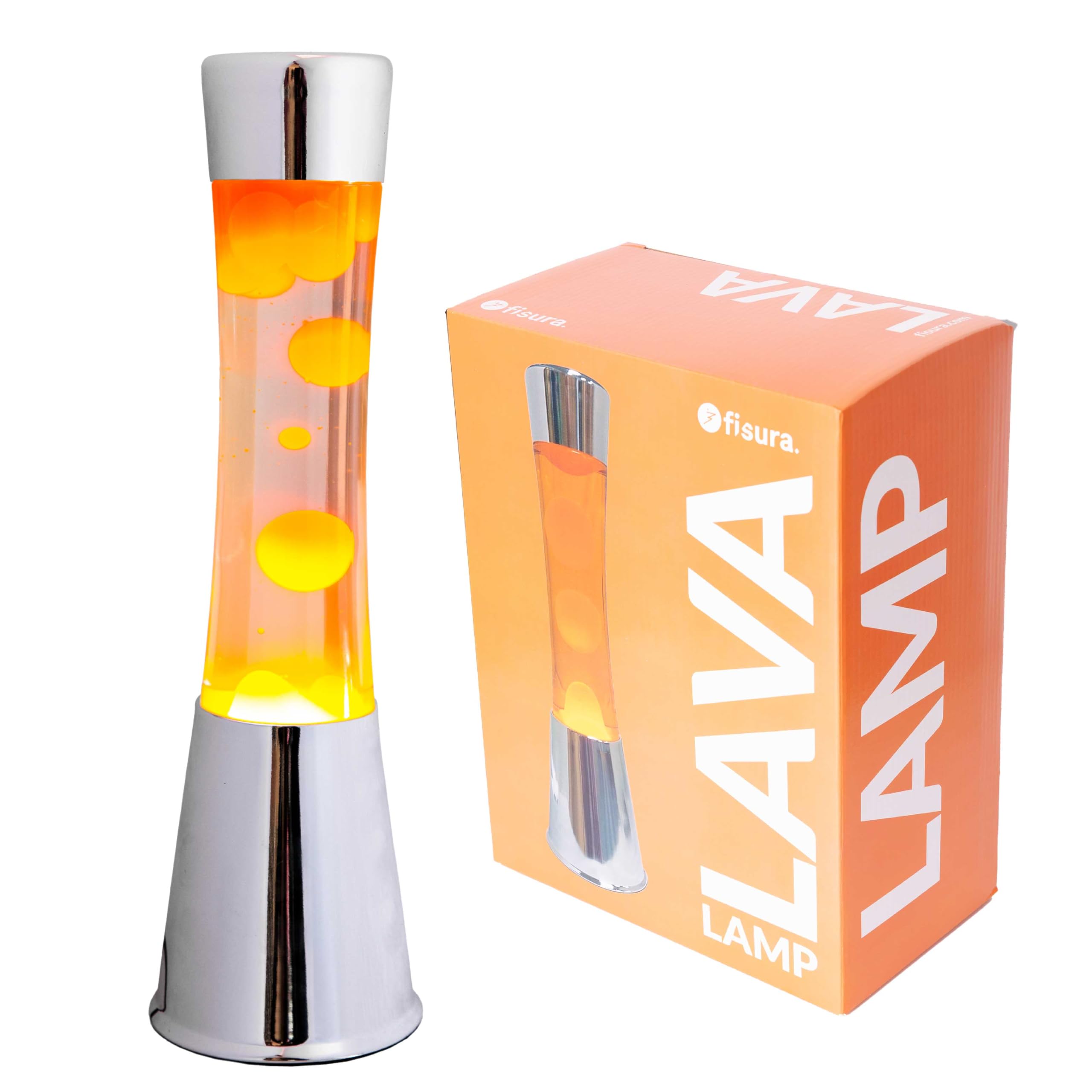 Fisura - Lámpara de lava naranja. Base plateada cromada, líquido transparente y lava naranja. Lámpara efecto relajante. Con bombilla de repuesto. 11 cm x 11cm x 39,5 cm.
